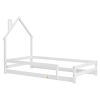 Twin Size Wood bed with House-shaped Headboard Floor bed with Fences,White