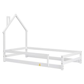 Twin Size Wood bed with House-shaped Headboard Floor bed with Fences,White