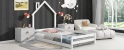 Twin Size Wood bed with House-shaped Headboard Floor bed with Fences,White