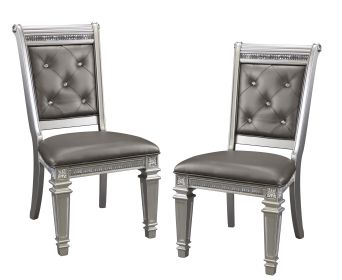 Modern Glam Silver Finish Dining Furniture Set of 2 Side Chairs Gray Faux Leather Upholstered Wooden Dining Room Furniture