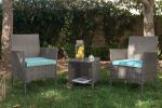 3 PCS Outdoor Patio Furniture PE-Rattan Wicker Table and Chairs Set Bar Set W/ Cushioned Tempered Glass (Brown/Aqua)