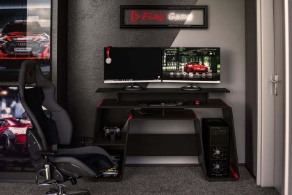 San Diego Wood Gaming Desk with Storage, Black and Red Finish