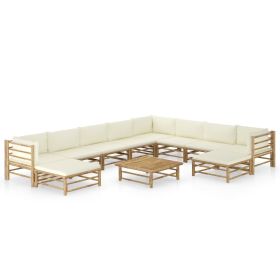 11 Piece Patio Lounge Set with Cream White Cushions Bamboo