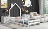 Twin Size Wood bed with House-shaped Headboard Floor bed with Fences,White