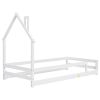 Twin Size Wood bed with House-shaped Headboard Floor bed with Fences,White