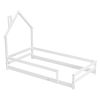 Twin Size Wood bed with House-shaped Headboard Floor bed with Fences,White