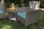 3 PCS Outdoor Patio Furniture PE-Rattan Wicker Table and Chairs Set Bar Set W/ Cushioned Tempered Glass (Brown/Aqua)