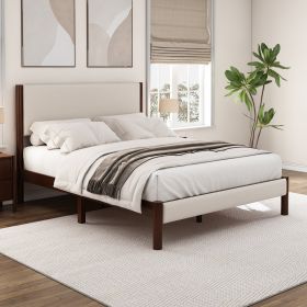 Mid Century Modern Upholestery Platform Bed with Walnut Wood Frame, Queen