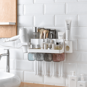 Toothbrush Holder Bathroom Shelving Perforation-free Suction Wall Bathroom Toiletry Set (Option: Shelf blower-Automatic for a family of four)