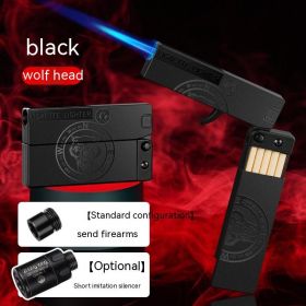 Folding Cigarette Case Windproof Lighter Personalized Gun-type Inflatable Blue Flame Lighter (Option: Black Wolf Head-Standard)