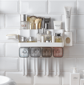 Toothbrush Holder Bathroom Shelving Perforation-free Suction Wall Bathroom Toiletry Set (Option: Shelf soap box-Automatic for a family of four)