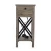 Farmhouse Flip Top End Table with Charge Station;  X-Shaped Profile Narrow Side Table with Drawer for Office;  Bedroom;  Living Room;  Gray