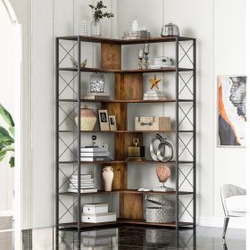 7-Tier Bookcase Home Office Bookshelf, L-Shaped Corner Bookcase with Metal Frame, Industrial Style Shelf with Open Storage, MDF Board (Color: BROWN)