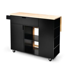 Drop-Leaf Kitchen Island with Rubber Wood Top (Color: BLACK)