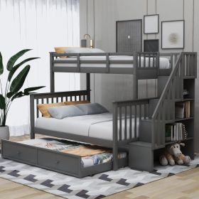 Stairway Twin-Over-Full Bunk Bed with Twin size Trundle, Storage and Guard Rail for Bedroom, Dorm, for Adults (Color: Gray)