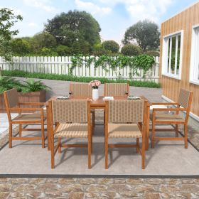 Acacia Wood And Rattan Outdoor Dining Table And Chairs For 6 People, Suitable For Courtyard,Patio, Balcony (Color: Natural)