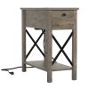 Farmhouse Flip Top End Table with Charge Station;  X-Shaped Profile Narrow Side Table with Drawer for Office;  Bedroom;  Living Room;  Gray