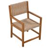 Acacia Wood And Rattan Outdoor Dining Table And Chairs For 6 People, Suitable For Courtyard,Patio, Balcony