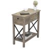 Farmhouse Flip Top End Table with Charge Station;  X-Shaped Profile Narrow Side Table with Drawer for Office;  Bedroom;  Living Room;  Gray