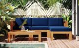 Outdoor Backyard Patio Wood 5-Piece Sectional Sofa Seating Group Set with Cushions; Natural Finish+ Beige Cushions