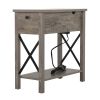 Farmhouse Flip Top End Table with Charge Station;  X-Shaped Profile Narrow Side Table with Drawer for Office;  Bedroom;  Living Room;  Gray